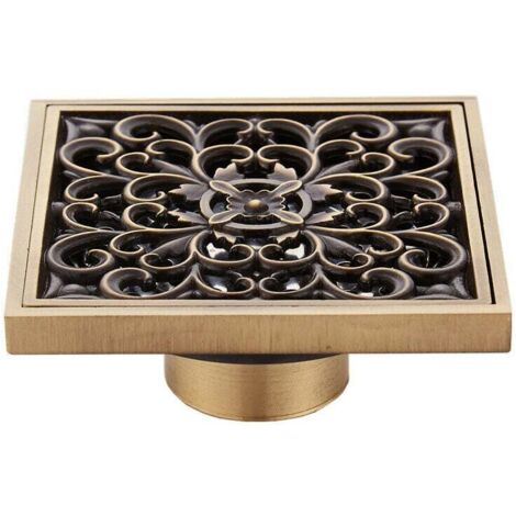 Desagüe de suelo de baño de latón - Desagüe de ducha cuadrado simple con diseño floral antiguo tallado para inodoro de jardín, 10 x 10 cm - 8732T