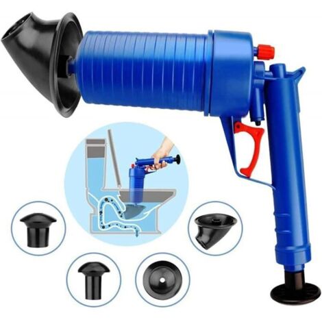 Desatascador de aire comprimido - Bomba universal para inodoros, lavabos y fregaderos con 4 ventosas de diferentes tamaños y válvula de seguridad (azul)