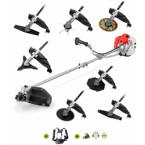 Desbrozadora 8-en-1 motor 65cc Cabezal hilo, Disco 3 puntas y Arnes –GREENCUT