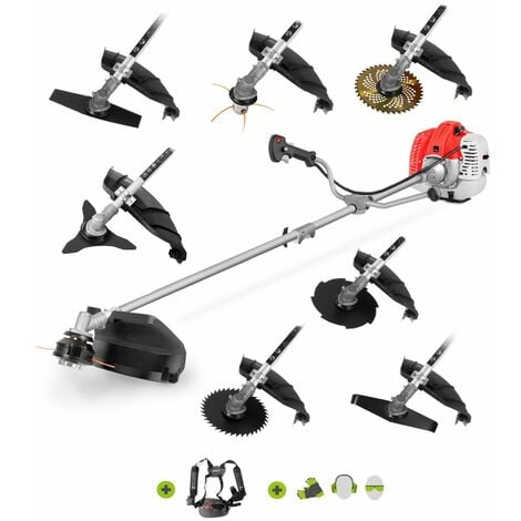 Desbrozadora 8-en-1 motor 65cc Cabezal hilo, Disco 3 puntas y Arnes -GREENCUT