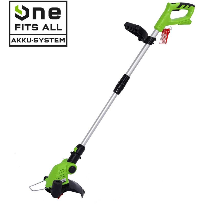 

Desbrozadora de batería 20V-8500rpm-12 cuchillas-25cm-mango telescópico de aluminio 70-100cm, duración 80 min. Cortabordes inalámbrico sin baterías
