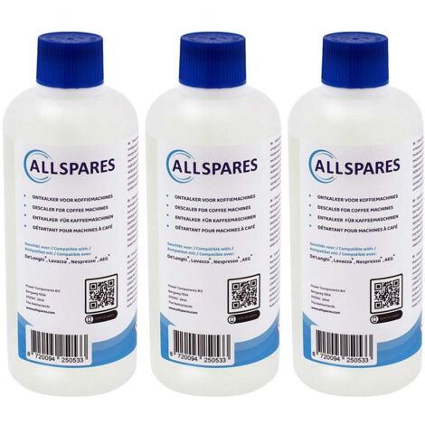Descalcificador líquido AllSpares (3 x 500 ml) para cafeteras compatible con Delonghi Original EcoDecalk DLSC500