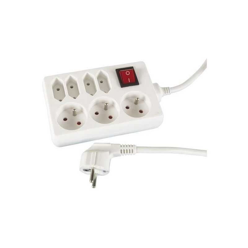 Perel - base múltiple - 3 x schuko y 4 x euro - con interruptor - cable: 1.5 m - color blanco - toma de tierra de espiga