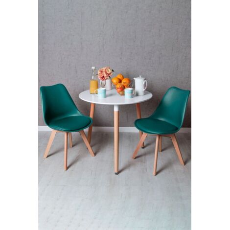Descuento extra - Conjunto Mesa Tower Redonda 80 cm Blanca y Pack 2 Sillas Synk Basic - Verde azulado
