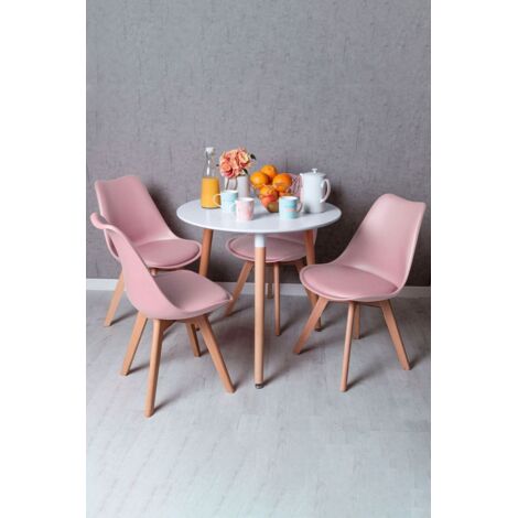 Descuento extra - Conjunto Mesa Tower Redonda 80 cm Blanca y Pack 4 Sillas Synk Basic - Rosa