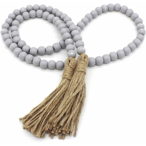 Descuento Guirnalda de cuentas de madera Borla Casa de campo rústica Cadena de cuentas de oración de madera Colgante de pared Decoración de vacaciones para el hogar. gris angustiado