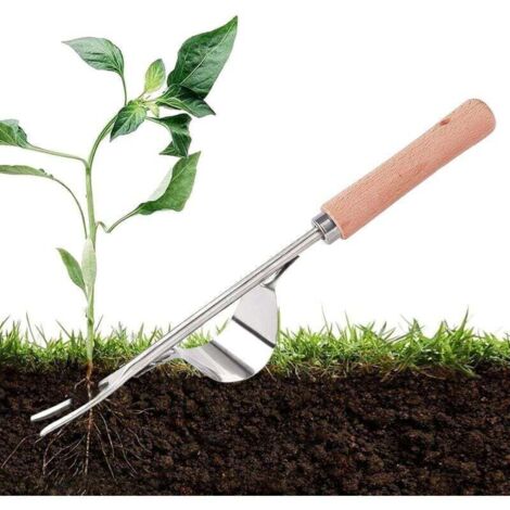 Desherbant Gazon.Desherbant liseron.Désherbeur Manuel en Acier Inoxydable. Outil Gouge de Désherbage en Poignée Bois Outil De Jardinage Pissenlit Y-Shape Manuelle Désherbage Racine Fourche-
