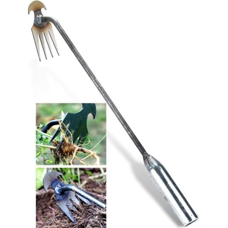Désherbeur extérieur manuel – Outil 4 dents pour jardin et pelouse – Extraction simple des mauvaises herbes et racines（manche en fer 50 cm）