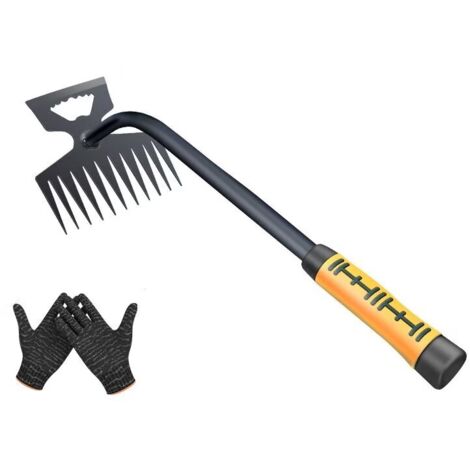 Désherbeur Manuel, 11 Dents Rateau de Désherbag, Râteau de Jardin en Acier Inoxydable Outil de Désherbage,avec gants