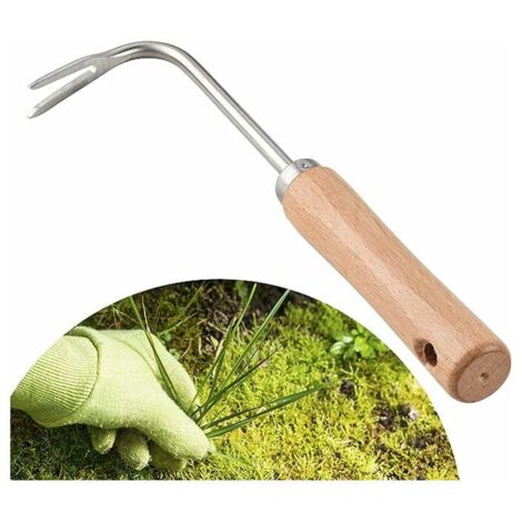 Désherbeur manuel – 2 dents – Outils de jardinage à main pour un retrait super facile des mauvaises herbes et un creusage plus profond (avec poignée en bois)，