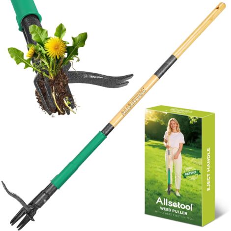 Désherbeur Manuel avec 2 Éjecteurs de Mauvaises Herbes, 1.1m Arrache Pissenlit, Manche en Bambou Véritable, 4 Griffes en Métal et Pédale, Outillage de Désherbage pour Le Jardin