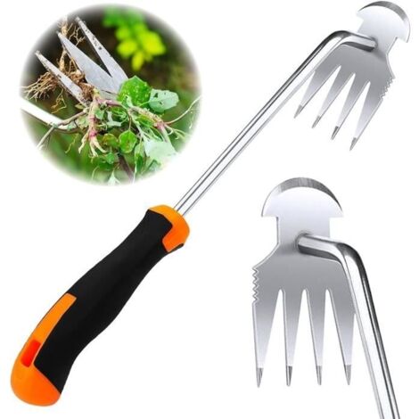 Desherbeur Manuel, Désherbeurs Manuels Outils, Arrache Mauvaise Herbe Poignée en Caoutchouc à 4 Dents, Outils Jardinage avec Manche