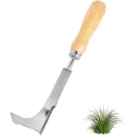 Désherbeur Manuel en Acier Inoxydable Ergonomique avec Poignée en Bois Naturel – Outil de Jardin pour Désherber, Creuser et Aérer le Sol