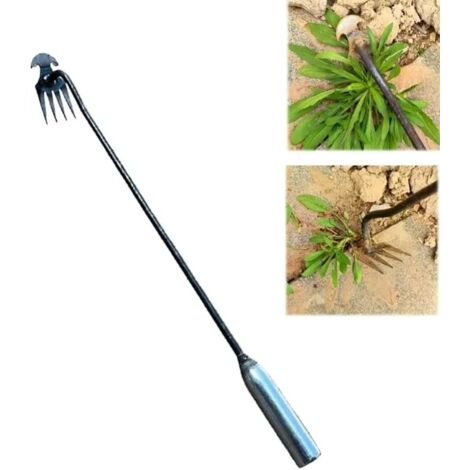 Désherbeur manuel extérieur – Outil de jardinage à 4 dents – Extracteur de mauvaises herbes pour pelouse et jardin, enlève les racines（manche en fer 30 cm）