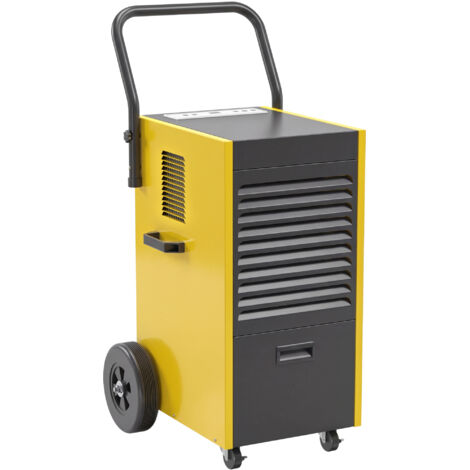Déshumidificateur commercial 70 L/jour roues poignée tuyau drainage continu minuterie 24h réservoir 5,5 L jaune
