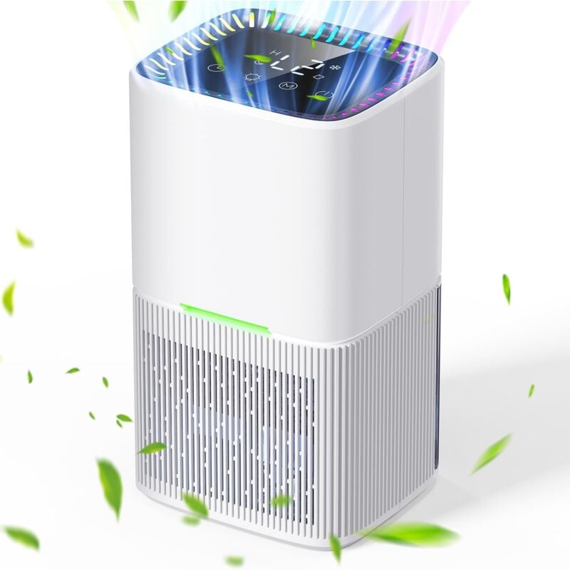 Deshumidificateur d air Electrique Silencieux Anti Moisissure 1.6L, Déshumidificateurs Maison avec LED 7 Colorées/Minuterie/Arrêt