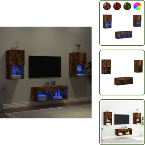 Design a parete - vidaXL Mobili TV a Muro 4pz con Luci LED Rovere Fumo - Mobili portaoggetti