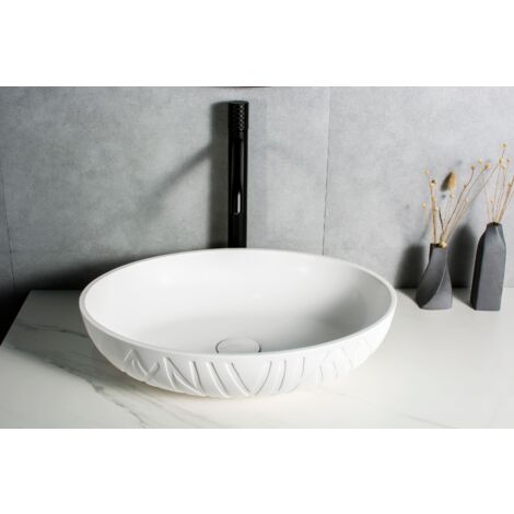 Design Aufsatzwaschbecken Bernstein LEO Mineralguss Weiß matt 50x40x12cm mit Ablaufgarnitur