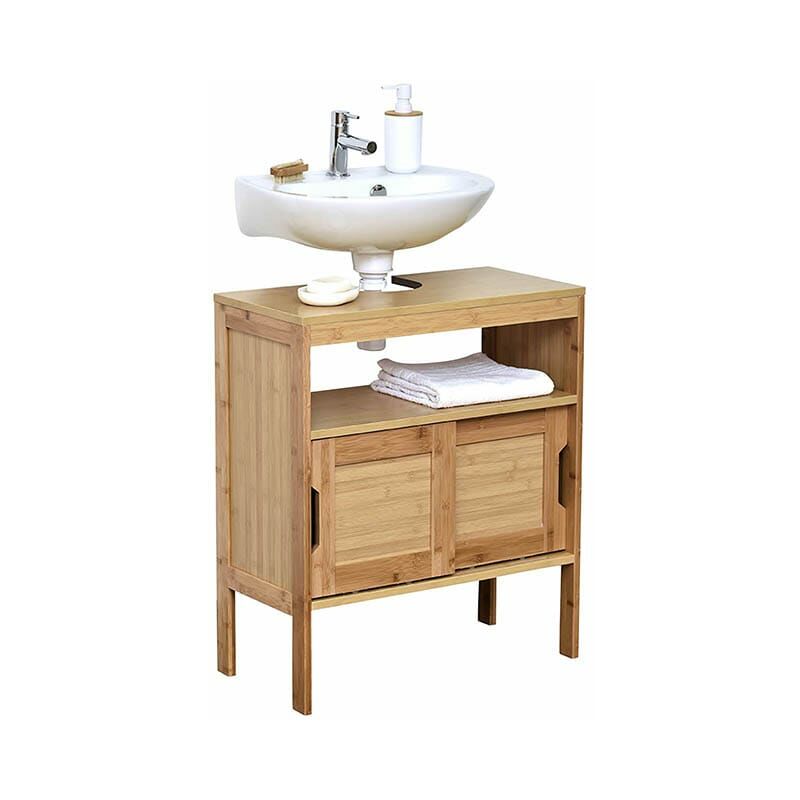 Design Bambus- und MDF-Waschbeckenmöbel mit 2 MDF-Schiebetüren + 1 Regal - Bambus - 70x60x30cm - Badezimmer - Badmöbel - Waschbecken - Bruin
