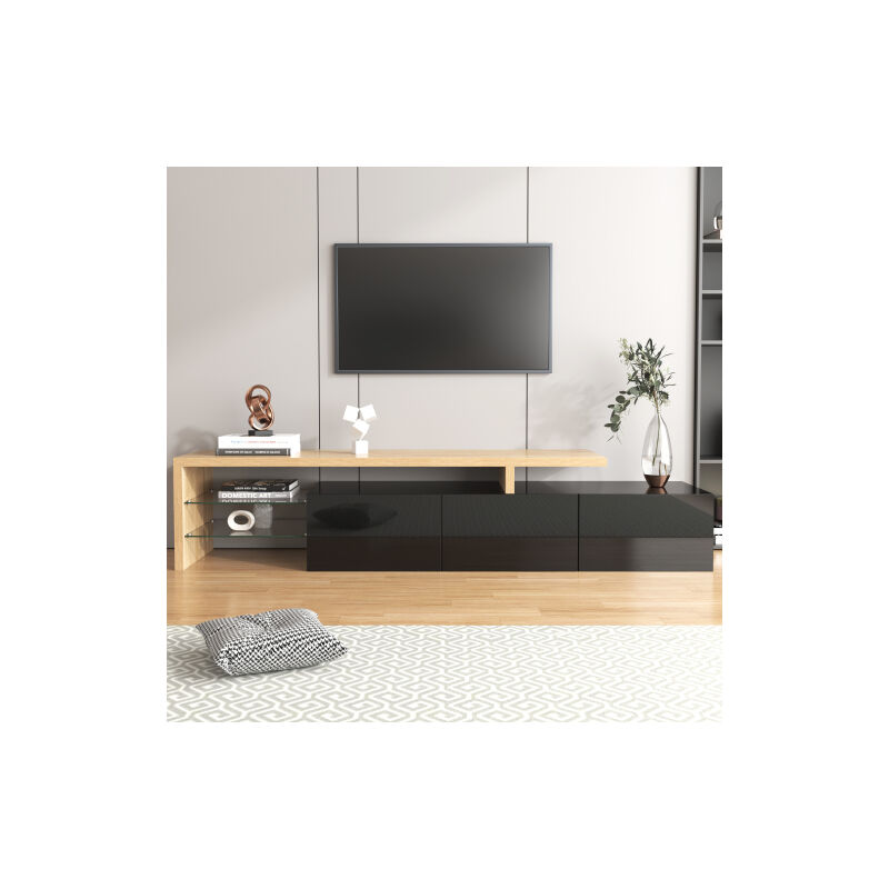 Design d'armoire TV moderne: élégant et élégant, espace de rangement pratique, noir brillant, aspect bois, sol en verre, éclairage LED