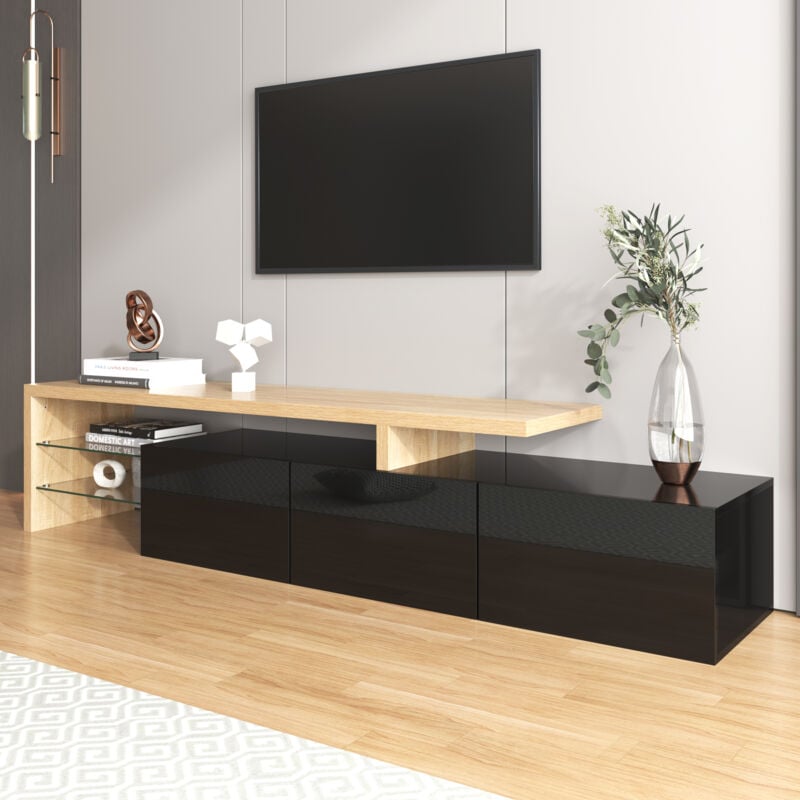 Meuble tv noir brillant, espace de rangement pratique avec aspect bois, étagères en verre et éclairage led, 197x39x42 cm