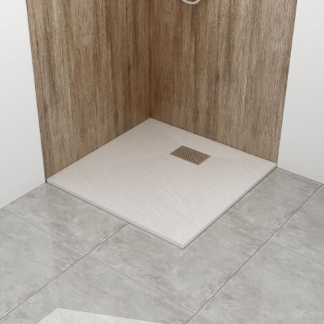 Design Duschwanne Weiß Steinoptik Edelstahl Abflussrinne 90x90 cm