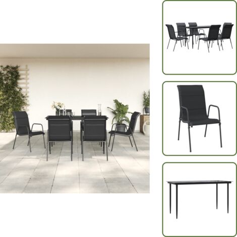 Design elegante - vidaXL Set da Pranzo da Giardino 7 pz Nero in Acciaio e Textilene - Sedie da esterno