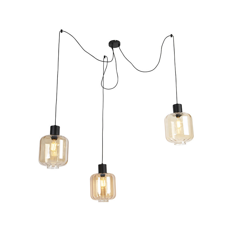 Design hanging lamp black with amber glass 3-light 226 cm - Qara