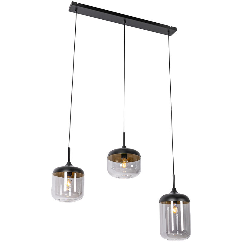 Qazqa Design-hängelampe Schwarz Mit Gold Und Rauchglas 3-flammig - Kyan