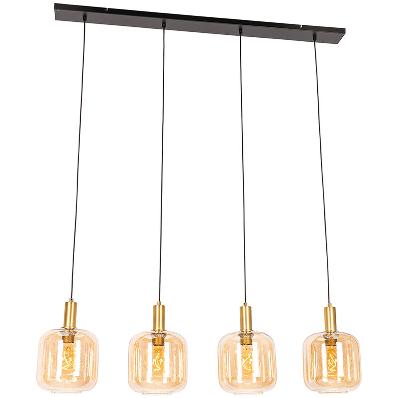 Qazqa Design Pendant Light Black With Brass And Amber Glass 4-light - Zuzanna