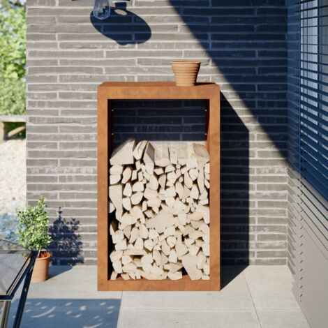 Design In – Range bûches extérieur 60x40x100 cm – Acier corten résistant aux intempéries – Espace de rangement optimal pour bois de chauffage - CFW19754