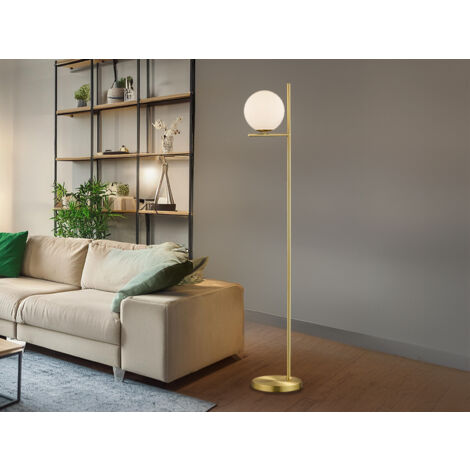 Design LED Stehleuchte in Messing matt mit Lampenschirm Kugel Opalglas, H: 150cm