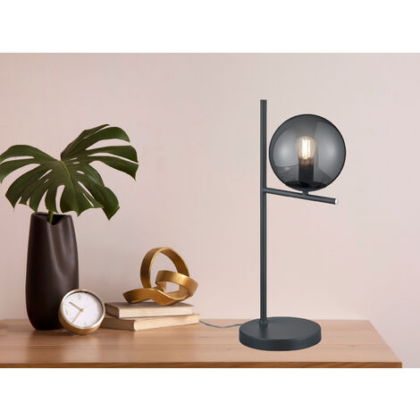 Design LED Tischleuchte Anthrazit Lampenschirm Glaskugel Rauchfarbig, Höhe 52cm