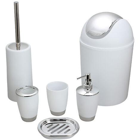 Design Moderne 6 PièCes Ensemble D'Accessoires De Salle De Bain Bouteilles De Lotion, Porte-Brosse à Dents, Tasse à Dents, Porte-Savon, Brosse De Toilette, Poubelle,Blanc