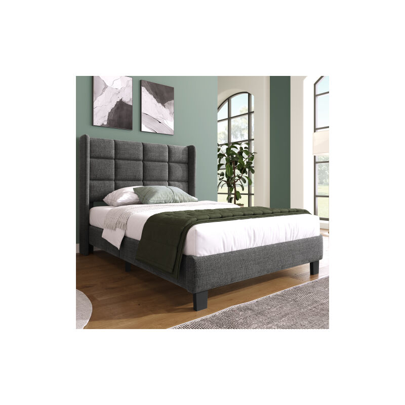 Design moderne Lit rembourré avec sa tête de lit rembourrée Lit simple avec sommier à lattes, 90x200cm, en lin gris, moyennement ferme (sans matelas)