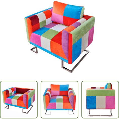 Design Patchwork -  Poltrona a Cubo con Gambe Cromo e Design Patchwork in Tessuto