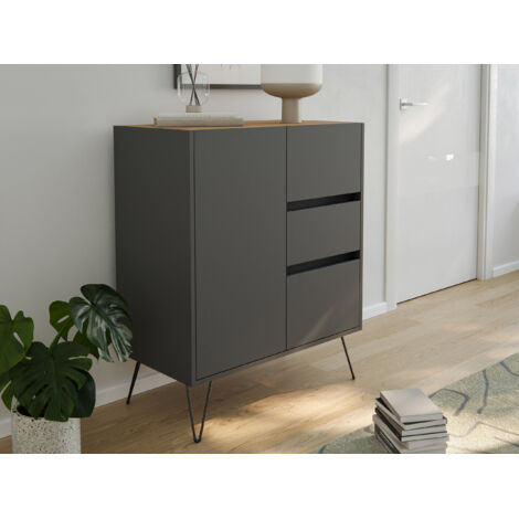 Design Sideboard Kommode Rauk 80cm 3 Greifraum SoftClose 1 Tür Grafit/Eiche Top