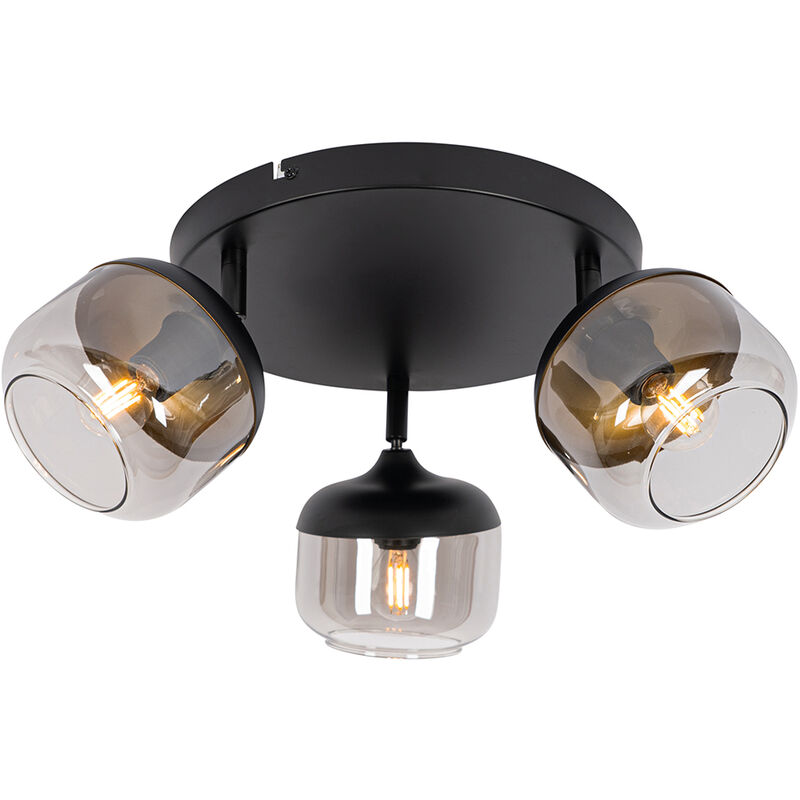 Qazqa Design Spotlight Black With Gold And Smoke Glass 3-light Round - Kyan