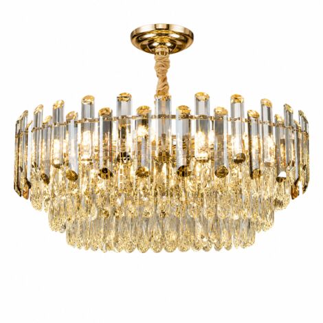 Design suspension LED en cristal dorée, ronde suspension avec tiges en verre, dimmable en 3 niveaux, pour salle à manger et chambre