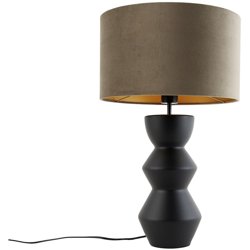 Qazqa Design Table Lamp Black Velvet Shade Taupe With Gold 35 Cm - Alisia