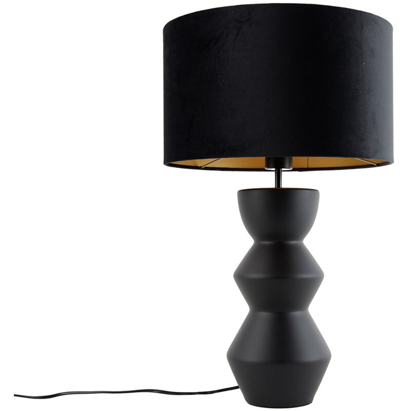 Qazqa Design Tischleuchte Schwarz Samt-schirm Schwarz Mit Gold 35 Cm - Alisia