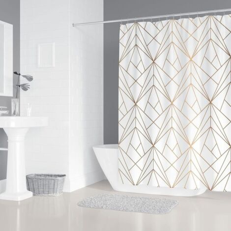DESIGN Tenda da doccia dorata con linee e triangoli gialli, tenda tessile per il bagno, antimuffa, lavabile, 12 anelli, leggera.