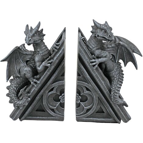 Design Toscano Decorazione in stile gotico Il Castello del Drago Statuette decorative reggilibri, poliresina, pietra grigia, 20,25 cm, confezione da due