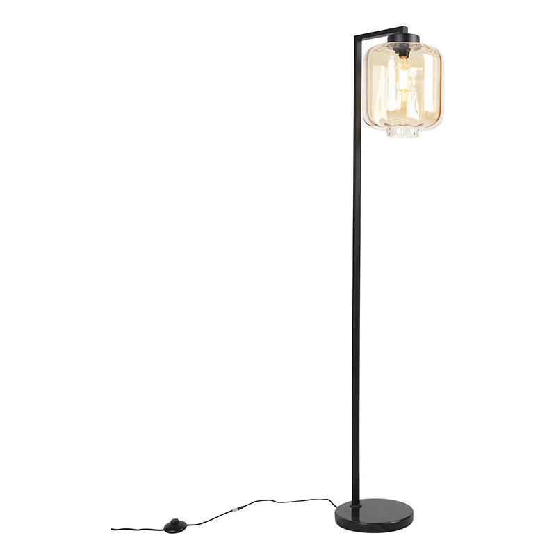 Design floor lamp black with amber glass - Qara