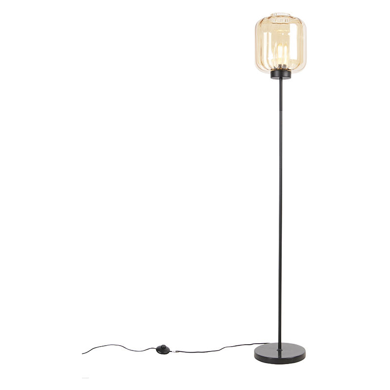 Design floor lamp black with amber glass - Qara