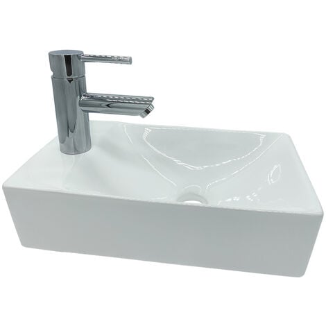 Design Waschtisch Gästebad Kleines Washbecken Handwaschbecken Hahnloch Links - Weiß