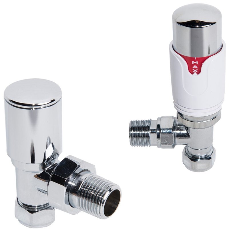 Warmehaus - Designer Angled White & Chrome Towel Rail 15mm Thermostatic Radiator Valve Pack