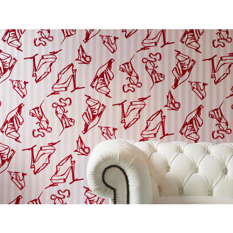 Designer Barbara Hulanicki Shoes Stripe Pink Real Flock Wallpaper 19914 - Red & Pink