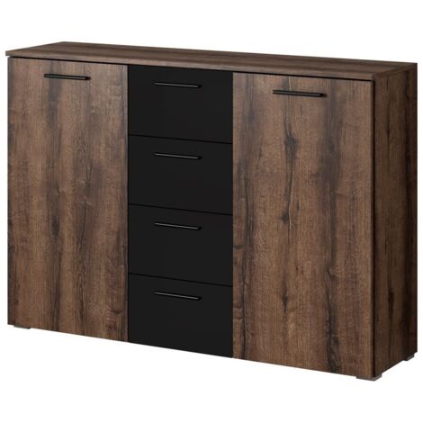 Designer-Kommode mit 2 Türen und 4 Schubladen 130cm. Kollektion EOS in dunkler Eichenfarbe und Schwarz.