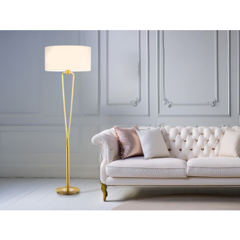 Designer LED Stehleuchte Messing mit Stoffschirm Weiß, Höhe 160cm